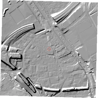 Shaded relief map of the ground around E95PD, computed from Environment Agency LiDAR. The ground here sits at about 5 m above sea level and falls 16 m across the surrounding 800 m. Surface water reaching this point runs off ground lying to the north, 2.3 m higher.