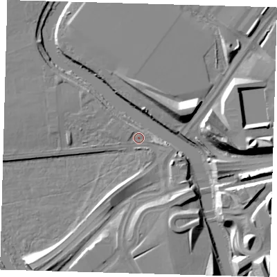 Shaded relief map of the ground around E95PF, computed from Environment Agency LiDAR. The ground here sits at about 6 m above sea level and falls 15 m across the surrounding 800 m. Surface water reaching this point runs off ground lying to the south-south-east, 4.4 m higher.