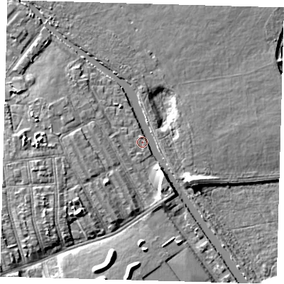 Shaded relief map of the ground around E95PG, computed from Environment Agency LiDAR. The ground here sits at about 7 m above sea level and falls 7 m across the surrounding 800 m. Surface water reaching this point runs off ground lying to the south-south-east, 3.7 m higher.