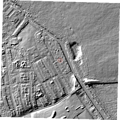 Shaded relief map of the ground around E95PQ, computed from Environment Agency LiDAR. The ground here sits at about 7 m above sea level and falls 7 m across the surrounding 800 m. Surface water reaching this point runs off ground lying to the west-south-west, 1.8 m higher.