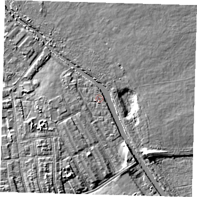 Shaded relief map of the ground around E95PX, computed from Environment Agency LiDAR. The ground here sits at about 7 m above sea level and falls 6 m across the surrounding 800 m. Surface water reaching this point runs off ground lying to the west-south-west, 1.8 m higher.