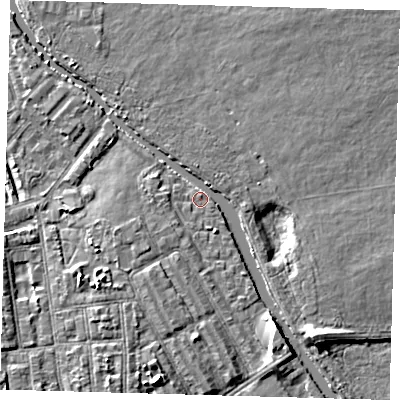Shaded relief map of the ground around E95PY, computed from Environment Agency LiDAR. The ground here sits at about 7 m above sea level and falls 6 m across the surrounding 800 m. Surface water reaching this point runs off ground lying to the south-west, 1.8 m higher.