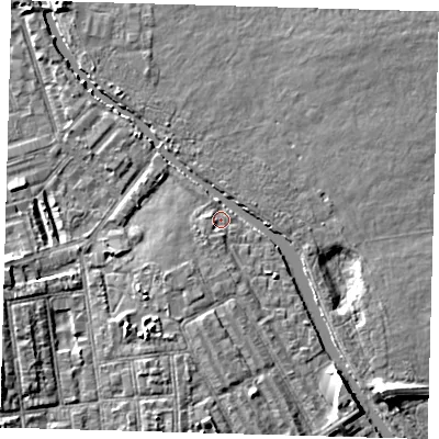 Shaded relief map of the ground around E95PZ, computed from Environment Agency LiDAR. The ground here sits at about 7 m above sea level and falls 7 m across the surrounding 800 m. Surface water reaching this point runs off ground lying to the south-east, 3.7 m higher.