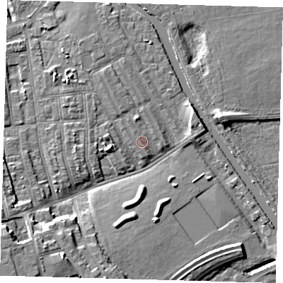 Shaded relief map of the ground around E95QP, computed from Environment Agency LiDAR. The ground here sits at about 7 m above sea level and falls 11 m across the surrounding 800 m. Surface water reaching this point runs off ground lying to the north-north-west, 1.5 m higher.