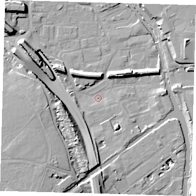 Shaded relief map of the ground around E95SZ, computed from Environment Agency LiDAR. The ground here sits at about 5 m above sea level and falls 16 m across the surrounding 800 m. Surface water reaching this point runs off ground lying to the south-south-west, 10.6 m higher.