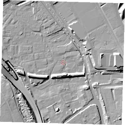 Shaded relief map of the ground around E95TB, computed from Environment Agency LiDAR. The ground here sits at about 5 m above sea level and falls 19 m across the surrounding 800 m. Surface water reaching this point runs off ground lying to the west, 15.3 m higher.