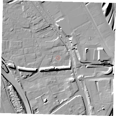 Shaded relief map of the ground around E95TF, computed from Environment Agency LiDAR. The ground here sits at about 5 m above sea level and falls 18 m across the surrounding 800 m. Surface water reaching this point runs off ground lying to the east-south-east, 11.7 m higher.