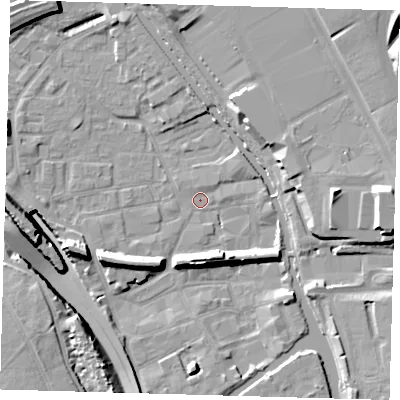 Shaded relief map of the ground around E95TU, computed from Environment Agency LiDAR. The ground here sits at about 5 m above sea level and falls 17 m across the surrounding 800 m. Surface water reaching this point runs off ground lying to the west, 15.3 m higher.