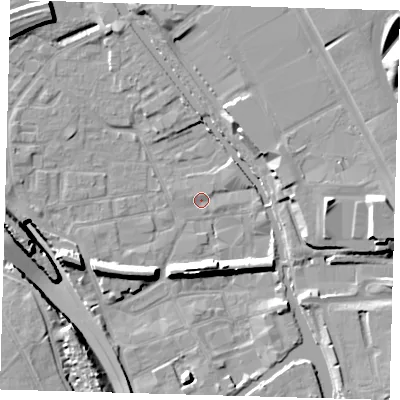 Shaded relief map of the ground around E95TX, computed from Environment Agency LiDAR. The ground here sits at about 5 m above sea level and falls 19 m across the surrounding 800 m. Surface water reaching this point runs off ground lying to the west, 15.3 m higher.