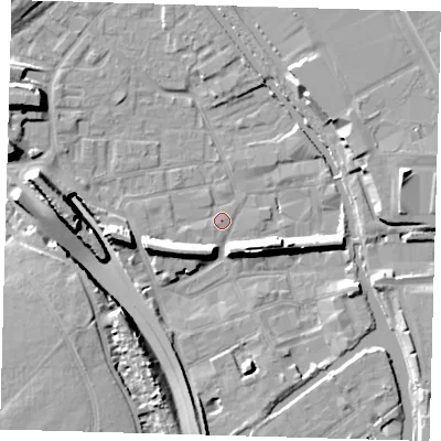 Shaded relief map of the ground around E95TZ, computed from Environment Agency LiDAR. The ground here sits at about 5 m above sea level and falls 16 m across the surrounding 800 m. Surface water reaching this point runs off ground lying to the west, 15.3 m higher.