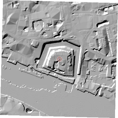 Shaded relief map of the ground around EC3N4AB, computed from Environment Agency LiDAR. The ground here sits at about 11 m above sea level and falls 17 m across the surrounding 800 m. Surface water reaching this point runs off ground lying to the north-north-west, 1.9 m higher.