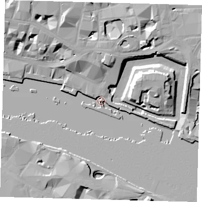 Shaded relief map of the ground around EC3N4DT, computed from Environment Agency LiDAR. The ground here sits at about 5 m above sea level and falls 17 m across the surrounding 800 m. Surface water reaching this point runs off ground lying to the north, 12.4 m higher.