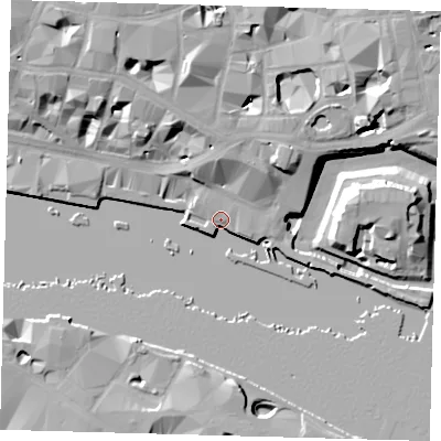 Shaded relief map of the ground around EC3R6AN, computed from Environment Agency LiDAR. The ground here sits at about 6 m above sea level and falls 18 m across the surrounding 800 m. Surface water reaching this point runs off ground lying to the north-north-east, 12.4 m higher.