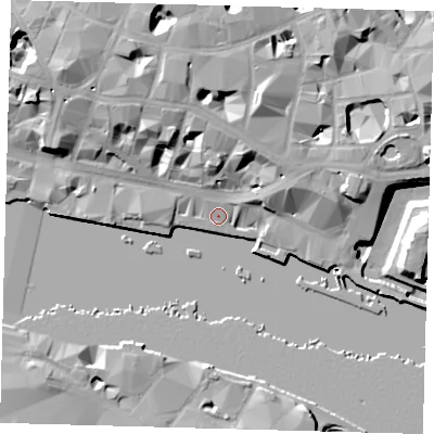 Shaded relief map of the ground around EC3R6EE, computed from Environment Agency LiDAR. The ground here sits at about 5 m above sea level and falls 18 m across the surrounding 800 m. Surface water reaching this point runs off ground lying to the north-north-east, 13.4 m higher.