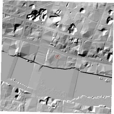 Shaded relief map of the ground around EC4R3AB, computed from Environment Agency LiDAR. The ground here sits at about 6 m above sea level and falls 24 m across the surrounding 800 m. Surface water reaching this point runs off ground lying to the north-west, 1.2 m higher.