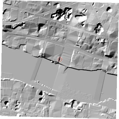 Shaded relief map of the ground around EC4R3TE, computed from Environment Agency LiDAR. The ground here sits at about 5 m above sea level and falls 25 m across the surrounding 800 m. Surface water reaching this point runs off ground lying to the north-west, 1.8 m higher.