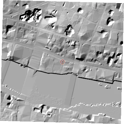 Shaded relief map of the ground around EC4R3TN, computed from Environment Agency LiDAR. The ground here sits at about 6 m above sea level and falls 24 m across the surrounding 800 m. Surface water reaching this point runs off ground lying to the north-east, 12.3 m higher.
