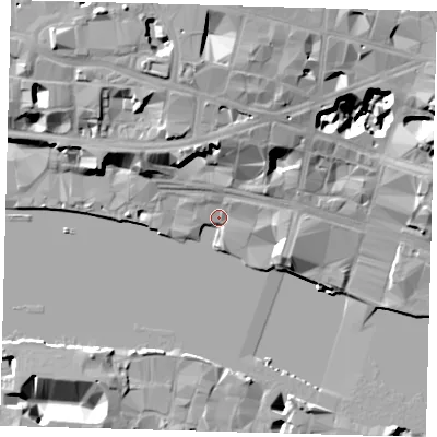 Shaded relief map of the ground around EC4V3AD, computed from Environment Agency LiDAR. The ground here sits at about 5 m above sea level and falls 24 m across the surrounding 800 m. Surface water reaching this point runs off ground lying to the north, 12.5 m higher.
