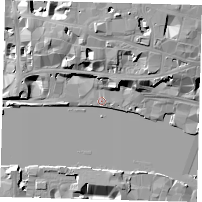 Shaded relief map of the ground around EC4V3AL, computed from Environment Agency LiDAR. The ground here sits at about 5 m above sea level and falls 24 m across the surrounding 800 m. Surface water reaching this point runs off ground lying to the north-north-east, 14.6 m higher.