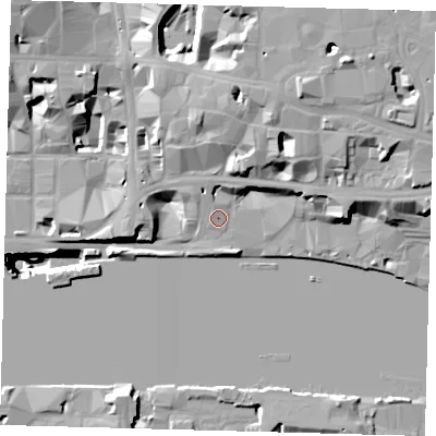 Shaded relief map of the ground around EC4V3DB, computed from Environment Agency LiDAR. The ground here sits at about 6 m above sea level and falls 51 m across the surrounding 800 m. Surface water reaching this point runs off ground lying to the north-east, 4.4 m higher.