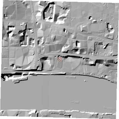 Shaded relief map of the ground around EC4V3DS, computed from Environment Agency LiDAR. The ground here sits at about 6 m above sea level and falls 51 m across the surrounding 800 m. Surface water reaching this point runs off ground lying to the north-east, 4.4 m higher.