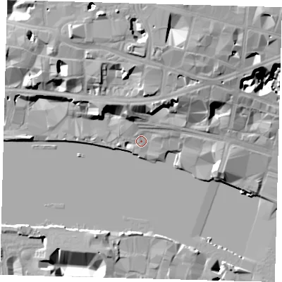 Shaded relief map of the ground around EC4V3DT, computed from Environment Agency LiDAR. The ground here sits at about 5 m above sea level and falls 24 m across the surrounding 800 m. Surface water reaching this point runs off ground lying to the north-east, 12.5 m higher.