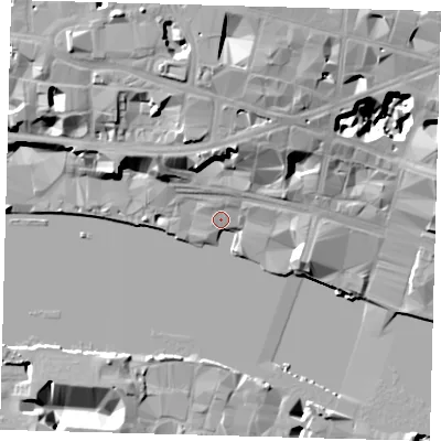 Shaded relief map of the ground around EC4V3EH, computed from Environment Agency LiDAR. The ground here sits at about 5 m above sea level and falls 24 m across the surrounding 800 m. Surface water reaching this point runs off ground lying to the north-north-east, 12.5 m higher.