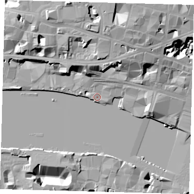 Shaded relief map of the ground around EC4V3PA, computed from Environment Agency LiDAR. The ground here sits at about 4 m above sea level and falls 26 m across the surrounding 800 m. Surface water reaching this point runs off ground lying to the north-east, 12.5 m higher.