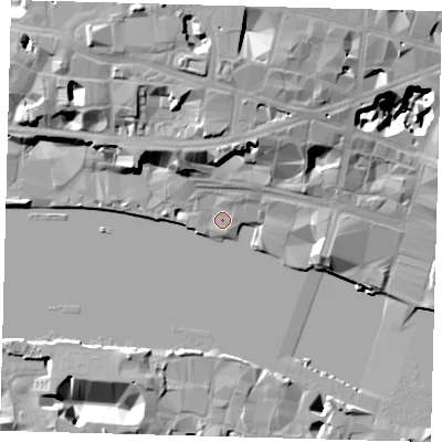 Shaded relief map of the ground around EC4V3PP, computed from Environment Agency LiDAR. The ground here sits at about 4 m above sea level and falls 24 m across the surrounding 800 m. Surface water reaching this point runs off ground lying to the north-north-east, 12.5 m higher.