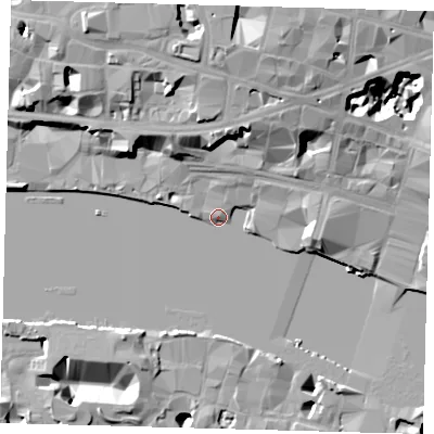 Shaded relief map of the ground around EC4V3PT, computed from Environment Agency LiDAR. The ground here sits at about 5 m above sea level and falls 25 m across the surrounding 800 m. Surface water reaching this point runs off ground lying to the north-north-east, 12.5 m higher.