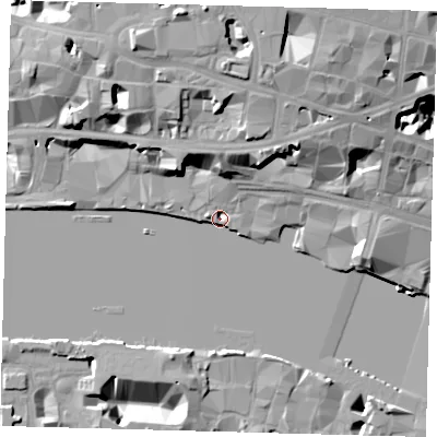Shaded relief map of the ground around EC4V3QQ, computed from Environment Agency LiDAR. The ground here sits at about 4 m above sea level and falls 21 m across the surrounding 800 m. Surface water reaching this point runs off ground lying to the north-east, 12.5 m higher.