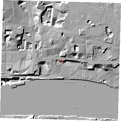 Shaded relief map of the ground around EC4V4AA, computed from Environment Agency LiDAR. The ground here sits at about 8 m above sea level and falls 51 m across the surrounding 800 m. Surface water reaching this point runs off ground lying to the north-east, 12.4 m higher.