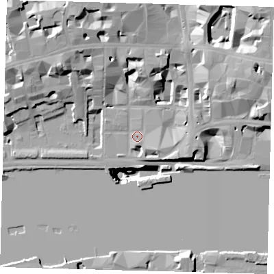 Shaded relief map of the ground around EC4Y0AB, computed from Environment Agency LiDAR. The ground here sits at about 6 m above sea level and falls 50 m across the surrounding 800 m. Surface water reaching this point runs off ground lying to the north-north-west, 15.6 m higher.