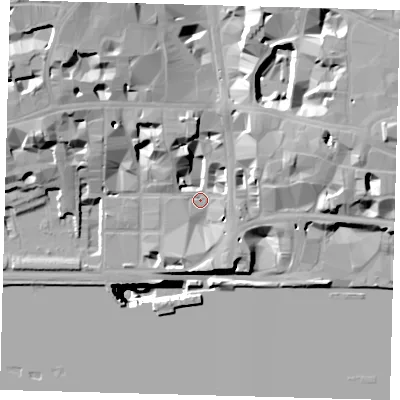 Shaded relief map of the ground around EC4Y0AF, computed from Environment Agency LiDAR. The ground here sits at about 5 m above sea level and falls 51 m across the surrounding 800 m. Surface water reaching this point runs off ground lying to the south-south-east, 7.1 m higher.