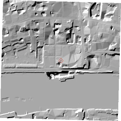 Shaded relief map of the ground around EC4Y0AN, computed from Environment Agency LiDAR. The ground here sits at about 6 m above sea level and falls 49 m across the surrounding 800 m. Surface water reaching this point runs off ground lying to the east-south-east, 7.2 m higher.