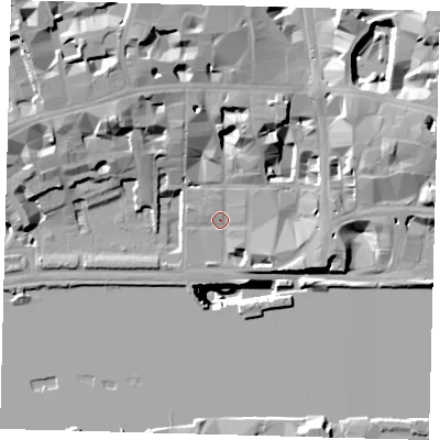 Shaded relief map of the ground around EC4Y0BS, computed from Environment Agency LiDAR. The ground here sits at about 5 m above sea level and falls 51 m across the surrounding 800 m. Surface water reaching this point runs off ground lying to the north-north-west, 15.6 m higher.