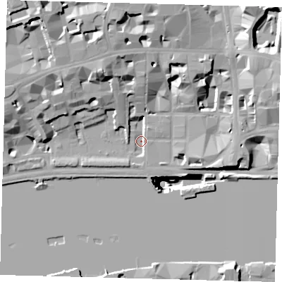 Shaded relief map of the ground around EC4Y0DA, computed from Environment Agency LiDAR. The ground here sits at about 3 m above sea level and falls 51 m across the surrounding 800 m. Surface water reaching this point runs off ground lying to the north-north-west, 17.8 m higher.