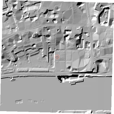 Shaded relief map of the ground around EC4Y0DF, computed from Environment Agency LiDAR. The ground here sits at about 6 m above sea level and falls 51 m across the surrounding 800 m. Surface water reaching this point runs off ground lying to the north-west, 16.6 m higher.