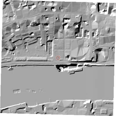 Shaded relief map of the ground around EC4Y0DS, computed from Environment Agency LiDAR. The ground here sits at about 5 m above sea level and falls 50 m across the surrounding 800 m. Surface water reaching this point runs off ground lying to the north-north-west, 14.5 m higher.