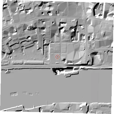 Shaded relief map of the ground around EC4Y0DZ, computed from Environment Agency LiDAR. The ground here sits at about 5 m above sea level and falls 50 m across the surrounding 800 m. Surface water reaching this point runs off ground lying to the north-north-west, 15.6 m higher.