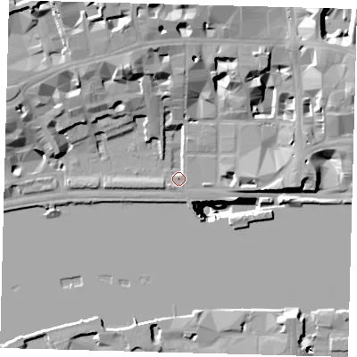 Shaded relief map of the ground around EC4Y0HA, computed from Environment Agency LiDAR. The ground here sits at about 4 m above sea level and falls 50 m across the surrounding 800 m. Surface water reaching this point runs off ground lying to the north-north-west, 17.8 m higher.
