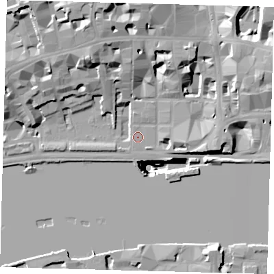 Shaded relief map of the ground around EC4Y0HB, computed from Environment Agency LiDAR. The ground here sits at about 5 m above sea level and falls 50 m across the surrounding 800 m. Surface water reaching this point runs off ground lying to the north-north-west, 16.6 m higher.