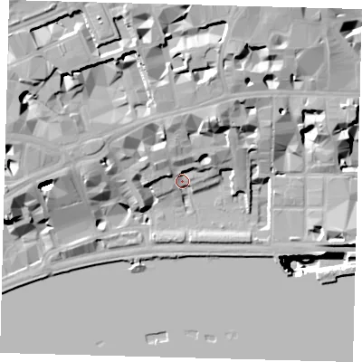 Shaded relief map of the ground around EC4Y7AT, computed from Environment Agency LiDAR. The ground here sits at about 7 m above sea level and falls 53 m across the surrounding 800 m. Surface water reaching this point runs off ground lying to the north-north-west, 10.3 m higher.