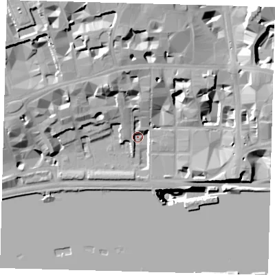 Shaded relief map of the ground around EC4Y7DU, computed from Environment Agency LiDAR. The ground here sits at about 4 m above sea level and falls 52 m across the surrounding 800 m. Surface water reaching this point runs off ground lying to the north-west, 20.0 m higher.