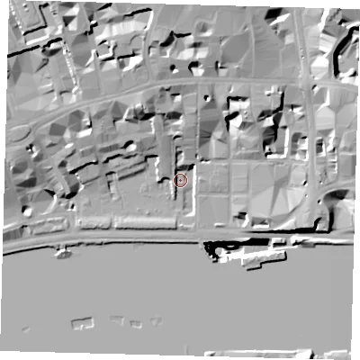 Shaded relief map of the ground around EC4Y7DX, computed from Environment Agency LiDAR. The ground here sits at about 4 m above sea level and falls 52 m across the surrounding 800 m. Surface water reaching this point runs off ground lying to the north-west, 19.4 m higher.
