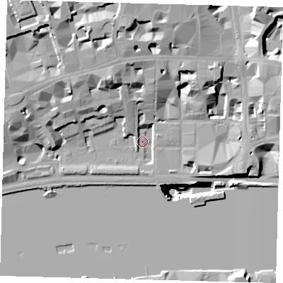 Shaded relief map of the ground around EC4Y7EB, computed from Environment Agency LiDAR. The ground here sits at about 4 m above sea level and falls 51 m across the surrounding 800 m. Surface water reaching this point runs off ground lying to the north-west, 19.2 m higher.