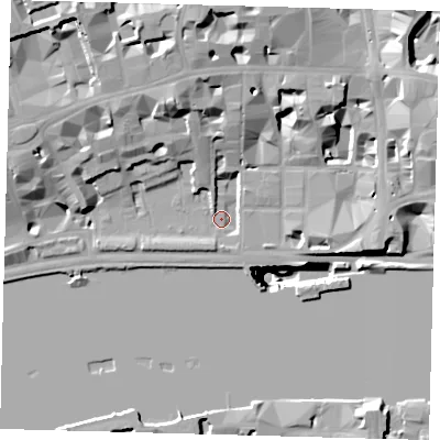 Shaded relief map of the ground around EC4Y7EL, computed from Environment Agency LiDAR. The ground here sits at about 4 m above sea level and falls 51 m across the surrounding 800 m. Surface water reaching this point runs off ground lying to the north-west, 19.2 m higher.