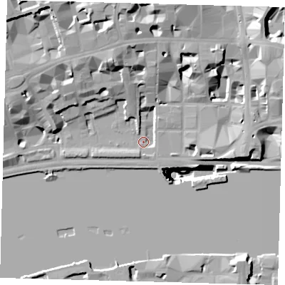 Shaded relief map of the ground around EC4Y7EN, computed from Environment Agency LiDAR. The ground here sits at about 4 m above sea level and falls 51 m across the surrounding 800 m. Surface water reaching this point runs off ground lying to the north-west, 19.2 m higher.