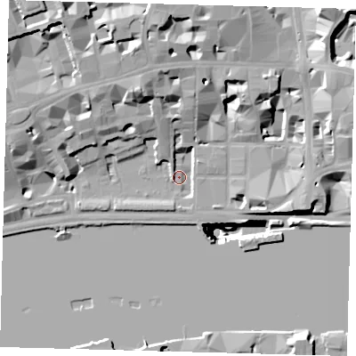 Shaded relief map of the ground around EC4Y7EQ, computed from Environment Agency LiDAR. The ground here sits at about 4 m above sea level and falls 51 m across the surrounding 800 m. Surface water reaching this point runs off ground lying to the north-west, 19.2 m higher.