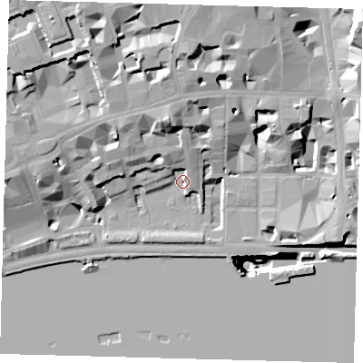 Shaded relief map of the ground around EC4Y7ET, computed from Environment Agency LiDAR. The ground here sits at about 5 m above sea level and falls 52 m across the surrounding 800 m. Surface water reaching this point runs off ground lying to the north-north-west, 20.0 m higher.